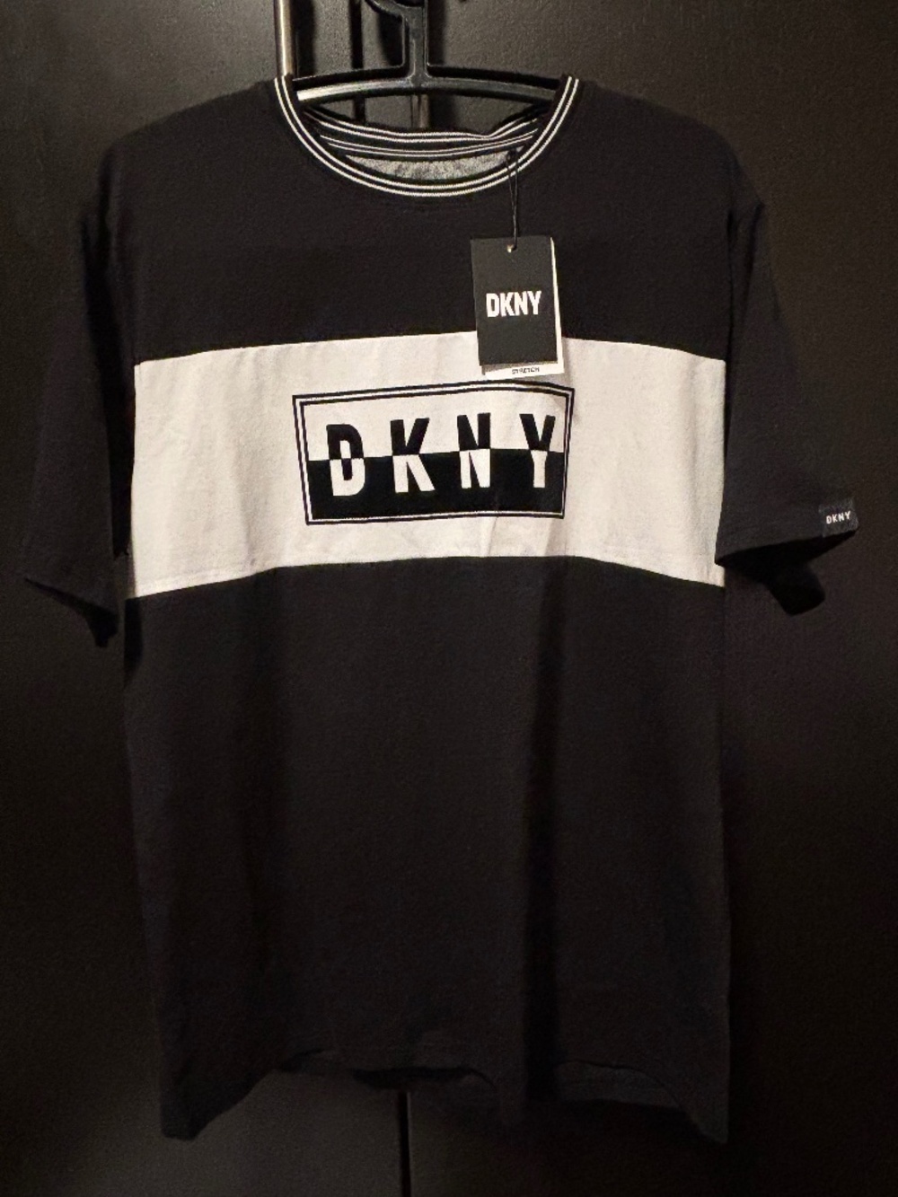DKNY Men’s Black & White T-Shirt with Velvet Accent Logo Graphic